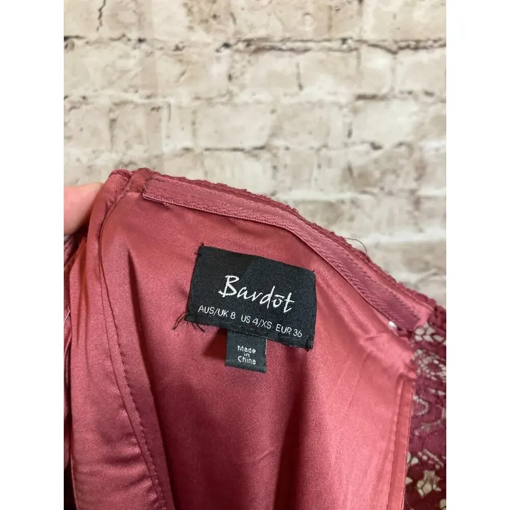 Bardot Lace Dress Womens XS Dark Mauve Midi‎ Bell Sleeve Romantic Off Shoulder - Picture 12 of 14